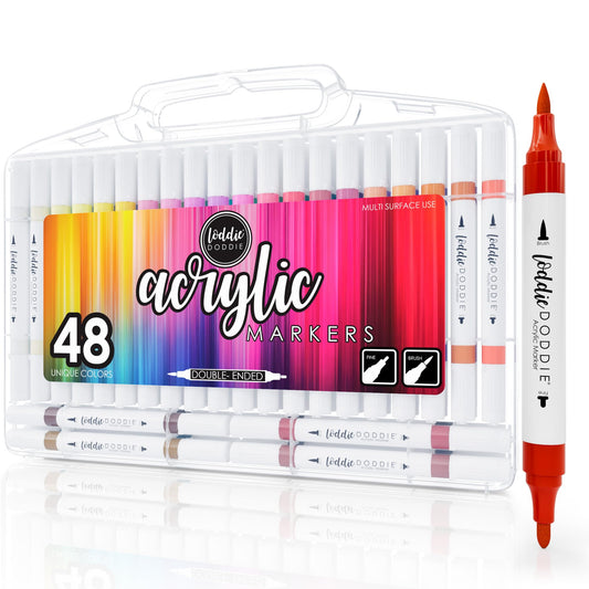 Loddie Doddie Acrylic Markers, 48 Unique Colors, Double-Ended Multi Surface Art Markers Set with Fine and Brush Tips, Portable Storage Case for DIY Projects, Crafts, and Decor (48)