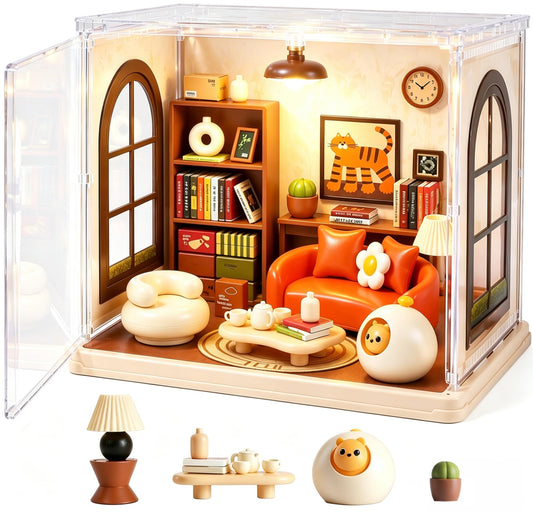 Lydaz DIY Miniature House Kit, Mini House Building Kit for Adults, Tiny House Kit with Furniture, Miniature Dollhouse Kits with Dust Cover, Craft LED Decor Birthday Gifts for Family, Friends(Cat Room)