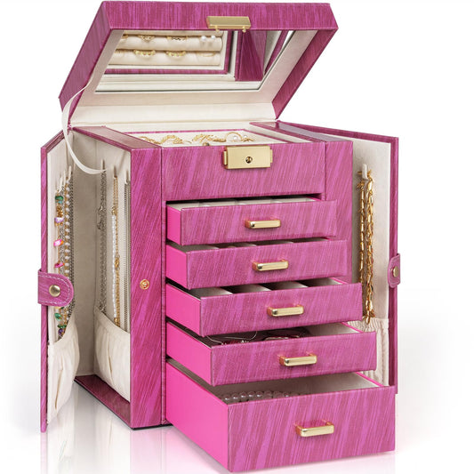 AKOZLIN 6-Tier Jewelry Box Lockable Leather Jewelry Storage Case with 5 Drawers for Women Girls Ring Necklace Earring Bracelet Holder Organizer with Mirror Rose