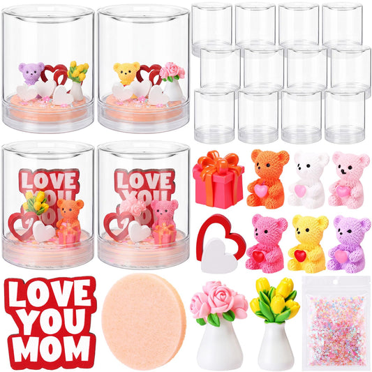 Sotiff 12 Sets Mother's Day Craft Bulk DIY Snow Globe Gift with Mini Resin Heart Bear Vase with Flower Figurines Gift Box 3D Love Heart Love You Mom Wooden Sign for Mom Birthday Classroom Activity
