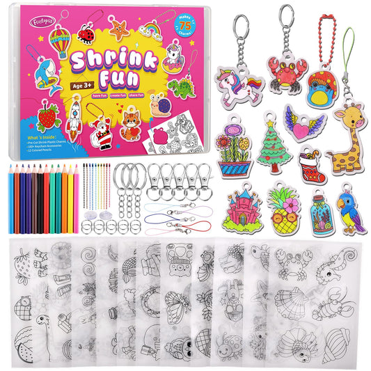 Funtopia Shrinking Art Sheets Kits for Kids, 75 Pre-Cut Shrink Paper Craft Keychain Making Kit, 12 Themes DIY Shrink Art Plastic Sheets with Charms and Keychains Accessories
