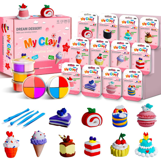 Kids Clay Air Dry Clay for Kids - Air Drying Modeling & Sculpting Kit,DIY 12 Box Food Dessert Cake Theme Arts & Crafts Clay Set,Ultra Soft Non-Sticky Bulk Party Favors & Party Crafts for Girls & Boys
