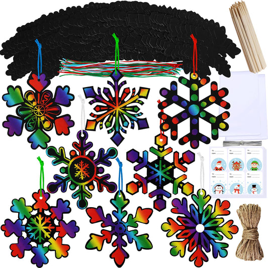 Winlyn 56 Sets 8 Styles Magic Color Scratch Snowflake Ornaments Christmas Scratch Art Decorations Christmas Craft Kits Winter Crafts for Kids Party Favors Holiday Seasonal Home Classroom Activities