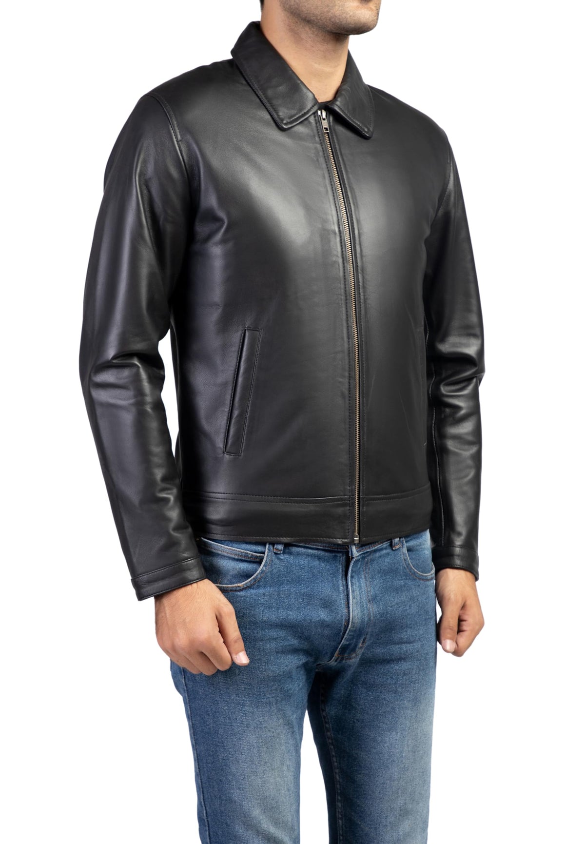Jild Polo Collar Premium Leather Jacket Men - Old School Classic Style Everyday Wear Real Lambskin Mens Leather Jacket (Polo-Blk-3XL)