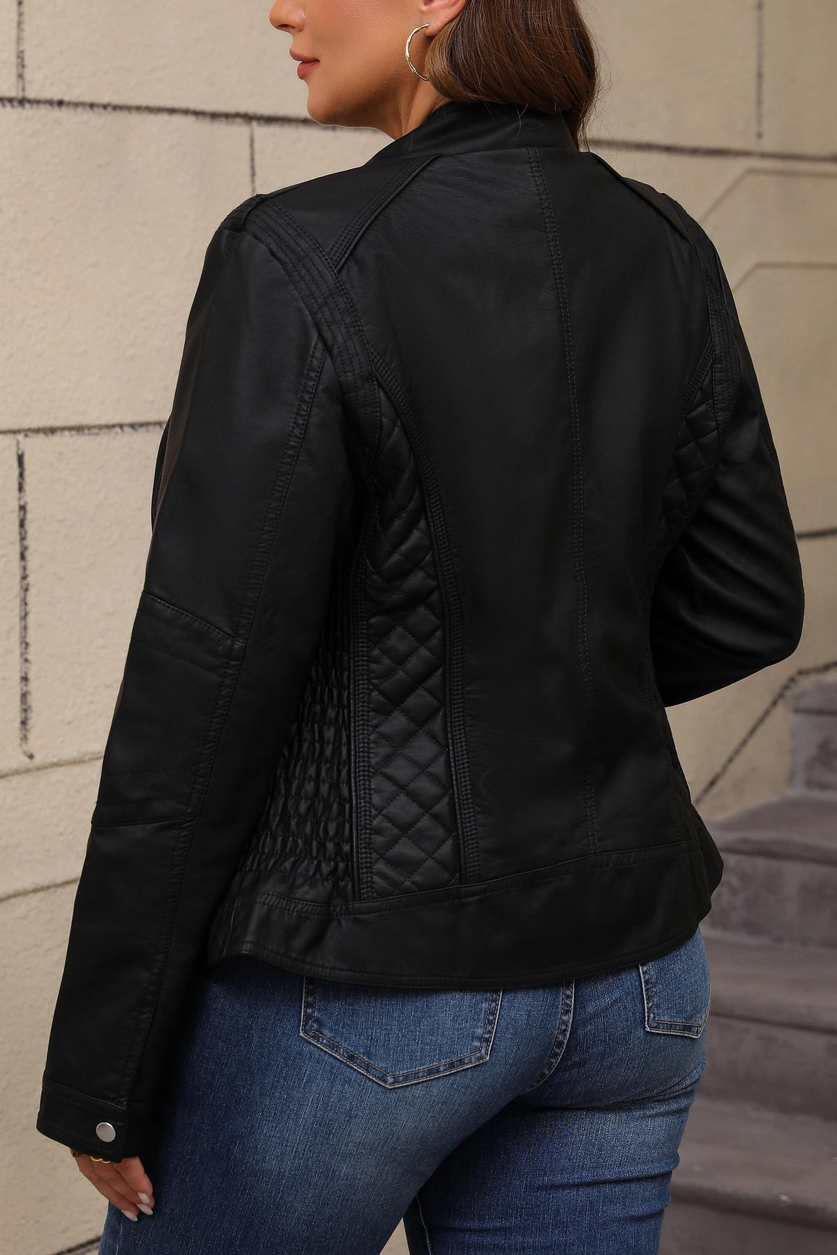 Bellivera Faux Leather Women Motorcycle Stand Collar Jacket Black-a L