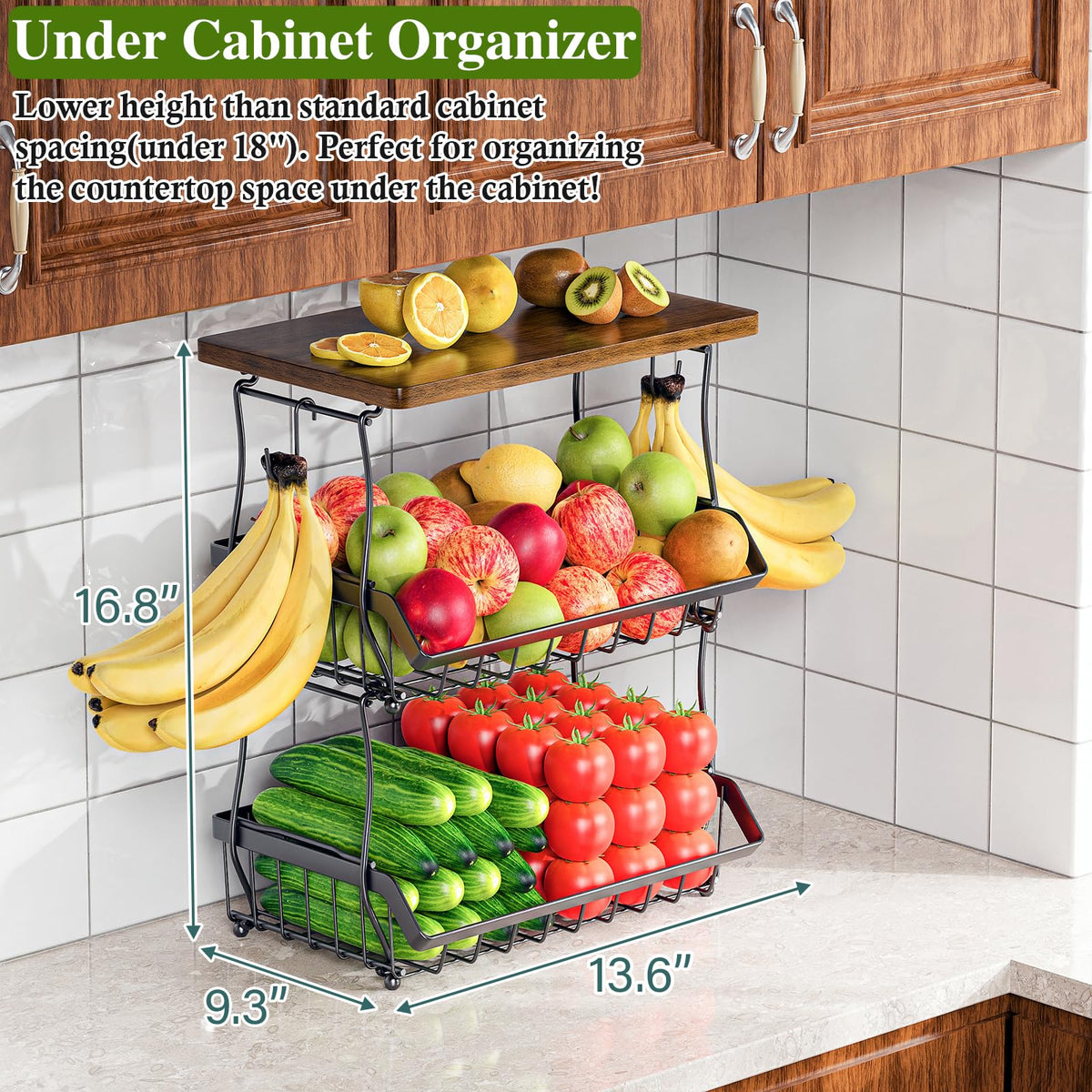 OKZEST 3-Tier Fruit Basket for Kitchen Counter with Banana Hangers, Countertop Organizer Fruit Bowls with Wood Top, Fruit Storage Basket Stand for Storage Potato Onion Bread Snack Fruit Veggie