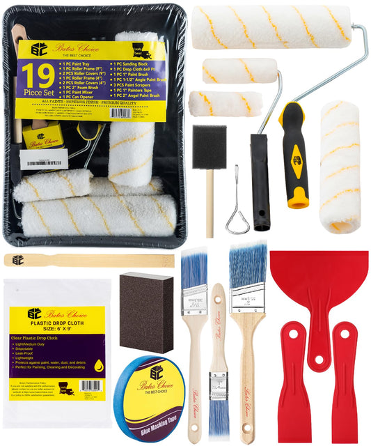 Bates- Paint Roller Kit, 19 pcs, Roller Set with Microfiber Sleeves & Frame, Tray, Angled Brush & Foam Brush, Paint Scrapers and More for Walls, Cabinets, Interior, Exterior, House Painting Supplies