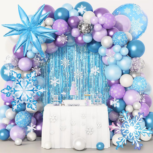 Amandir Snow Birthday Party Supplies - 162PCS Balloon Garland & Fringe Curtain | Blue & Purple Winter Wonderland Decor