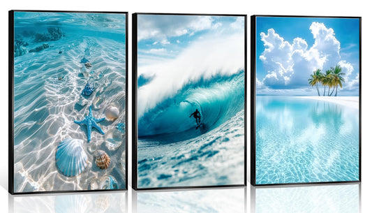 3pcs Blue Ocean Wall Art Featuring Starfish Seashells Waves and Palm Trees Summer Beach-Themed Canvas Paintings Prints Modern Coastal Style Posters Wall Decor suitable for Bathroom living room Decoration (Unframed)