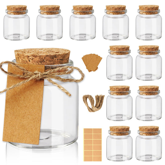 GUDELAK 12PCS 50ml Small Glass Bottles with Cork Lids, Potion Bottles with Cork Tags and Hemp Ropes, Spell Jars Mini Glass Jars with Lids for Party Weddings Baby Shower Favors Crafts Home Decorations