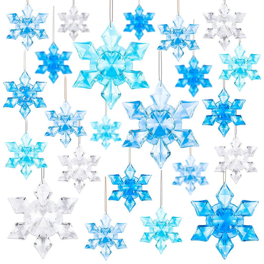 BOARDFEB 60Pcs Christmas Acrylic Snowflake Ornaments, Winter 3D Translucent Hanging Ornaments for Xmas Tree Crystal Snowflake Pendants with Rope for Holiday Party DIY Decor (Blue 43mm/63mm)