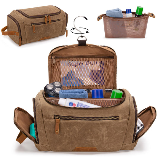 Yarwo Hanging Toiletry Travel Bag for Men, Waxed Canvas Men Dopp Kit Hygiene Bag with Detachable Zipper Pouch, Water-resistant Shaving Storage Bag for Razor and Travel Essentials, Xmas Gift for Man