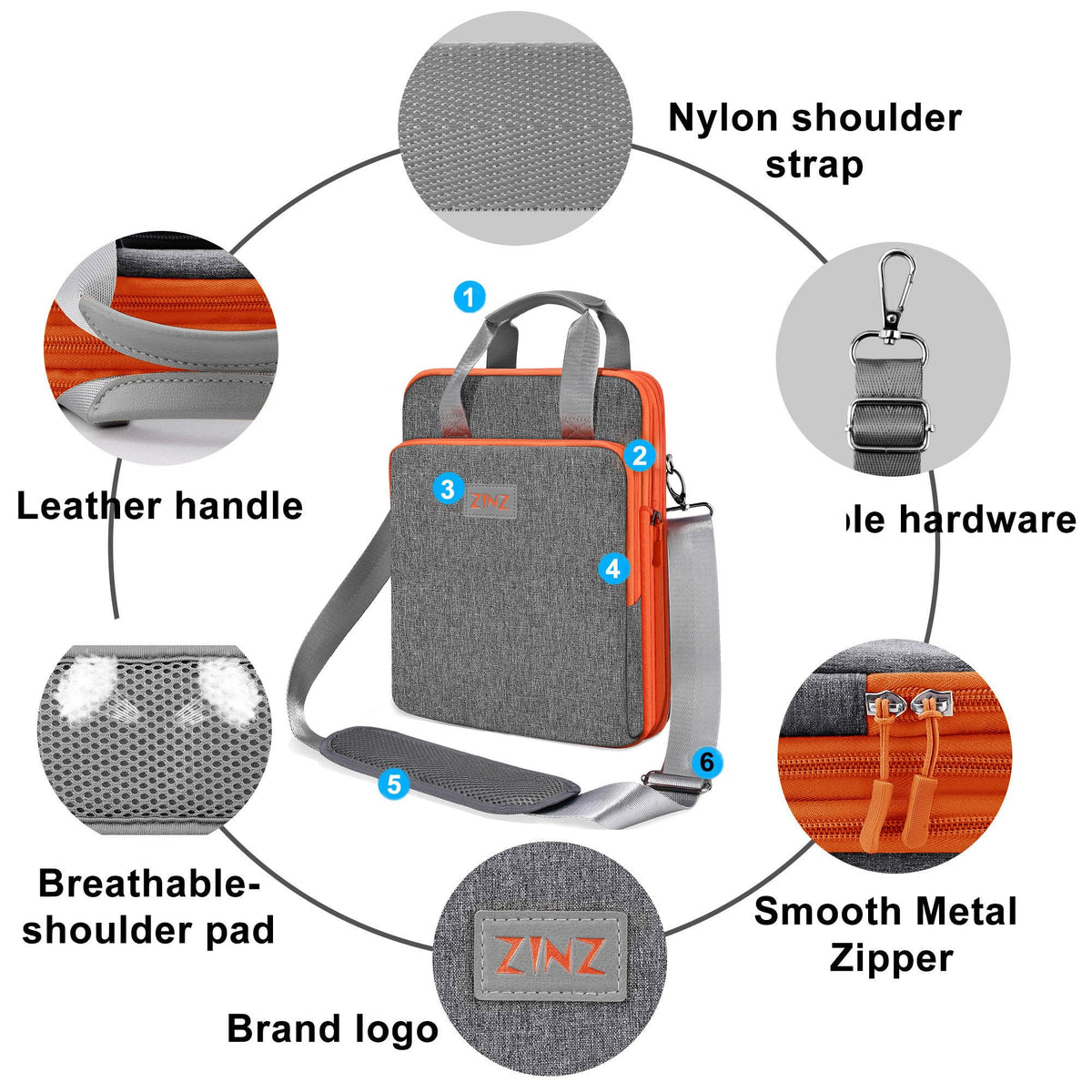 ZINZ Laptop Shoulder Bag 12.3-13 inch Case Sleeve, Expandable Handbag with Valuables Compartment Compatible with MacBook Air/Pro/Neo 13", iPad 12.9"/13"/11", Shockproof,Gray-Orange edge