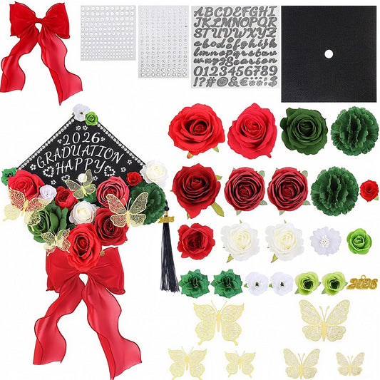 Jollyboom Graduation Cap Decorations Kit Red Green, 2026 Graduation Cap Decorations Mexican Cap Topper DIY Craft Flowers Butterfly Stickers Red Bow Trim Gold 2026 Pendant for Graduation Cap DIY