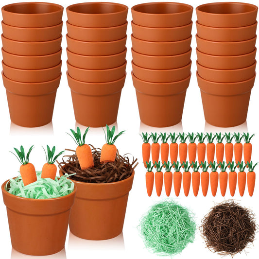 Simgoing 24 Set Mini Easter Baskets Bulk Tiny Easter Party Favors DIY Craft Kit Gifts Decorative Terracotta Pot with Carrots Supplies for Easters Basket Stuffer Spring Classroom Activities Decoration