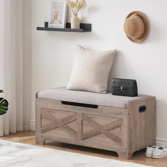 GAOMON Storage Chest, Lift Top Storage Trunk with 2 Safety Hinges, Barn Style Organizer, Wooden Entryway Bench with Seat Cushion, Large Storage Chest for Entryway, Bedroom, Living Room