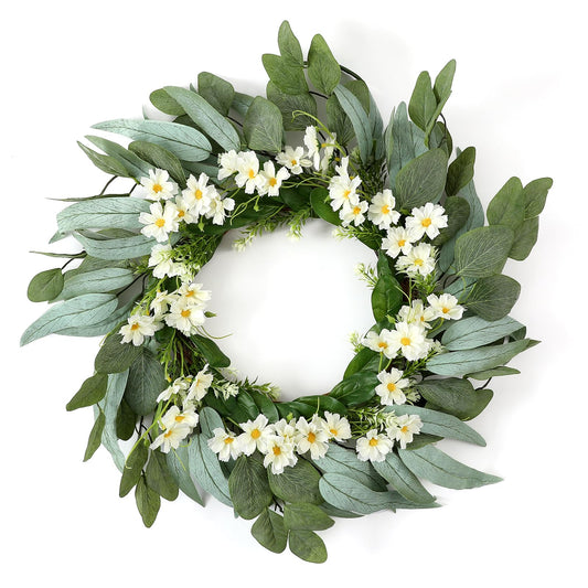 BOMAROLAN Spring Summer White Daisy Wreath for Front Door 22 Inch Artificial Eucalyptus Leaves Wreath for Indoor Outdoor Farmhouse Home Wall Window Table Porch Door Festival Decor