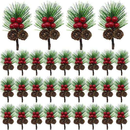 Christmas Floral Picks with Pine Cones and Holly Berries, 30Pcs Artificial Pine Greenery Stems Christmas Picks and Sprays for Holiday Decoration, Crafts, Gift Wrap Embellishments (30)