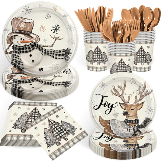 168PCS Snow Party Supplies Winter Holiday Party Decorations Paper Plate Cup Napkin Forks Knives Tableware Serves 24