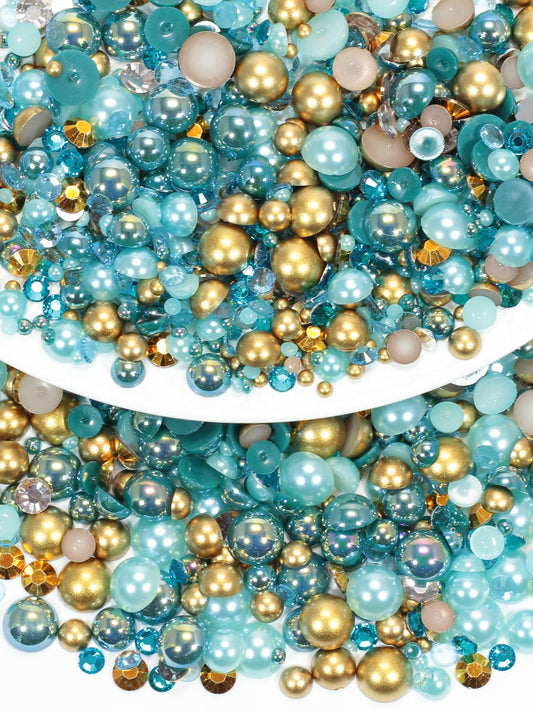 Rhinova 100g Mix Pearls and Rhinestones for Crafting, Sizes Range 3mm-10mm Pearl Beads for Bedazzler Rhinestones for Bedazzling Pearls for Crafting Sock Charms Nail Shoe Mugs (Regal Turquoise Mix)