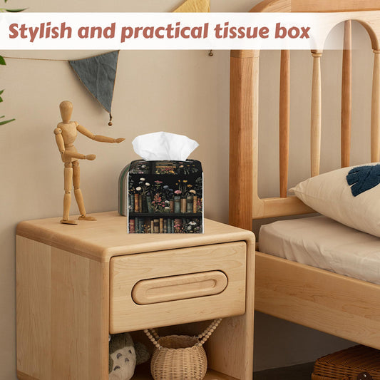 2 Pcs Floral Bookshelf Tissue Box Cover Leather Tissue Box Holder Square Facial Paper Organizer Dispenser for Bedroom Dresser Night Stand Office Desk