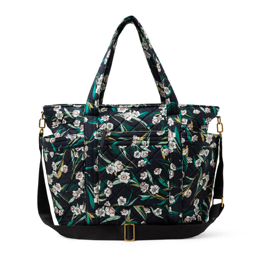 Amazon Essentials Women's Quilted Cotton Travel Tote Bag, Black Floral, One Size