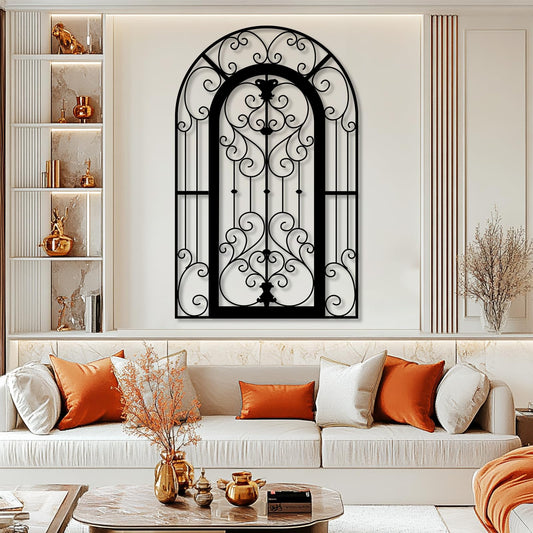 OZF Vintage Arch Window Metal Wall Art, Metal Scroll Wall Decor, Rustic Farmhouse Scroll Art, Victorian Scrollwork Hanging Decor for Living Room Bedroom Entryway Garden (Black, 19 x 12 in | 47 x 29cm)