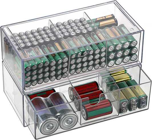 2 Pack 9V, 2-Drawer Common BTSKY Clear Acrylic Battery Storage Organizer for AA, AAA, C, D Batteries, Storage Box