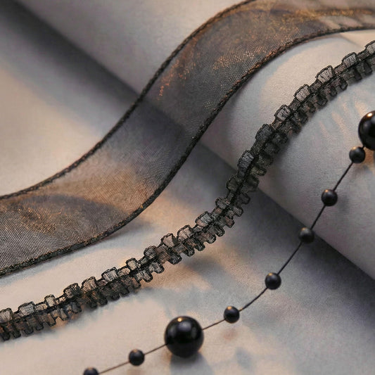 15 Yards Black Beaded Trim Set Black Elastic Lace Meash Lace Ribbon for Crafts Home Decor