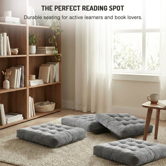 Meditation Floor Pillow Set of 2, Square Large Pillows Seating for Adults, Tufted Corduroy Cushion for Reading Nook, Classroom and Living Room, Grey, 22x22 Inch