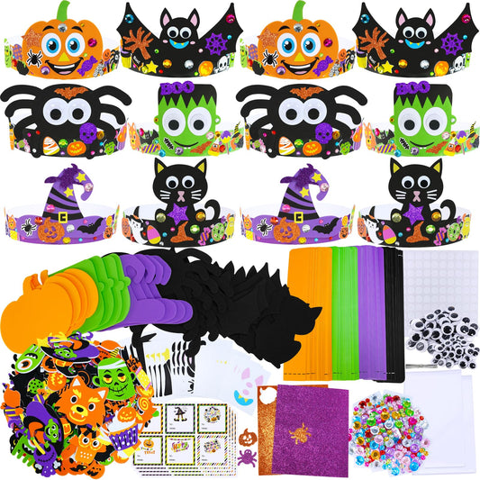 Winlyn 24 Sets Halloween Headbands Craft Kits DIY Crown Art Sets Spider Bat Jack-o'-Lantern Witch Hat with Halloween Foam Stickers Crafts for Kids Classroom Activities Party Favors Trick-or-Treat