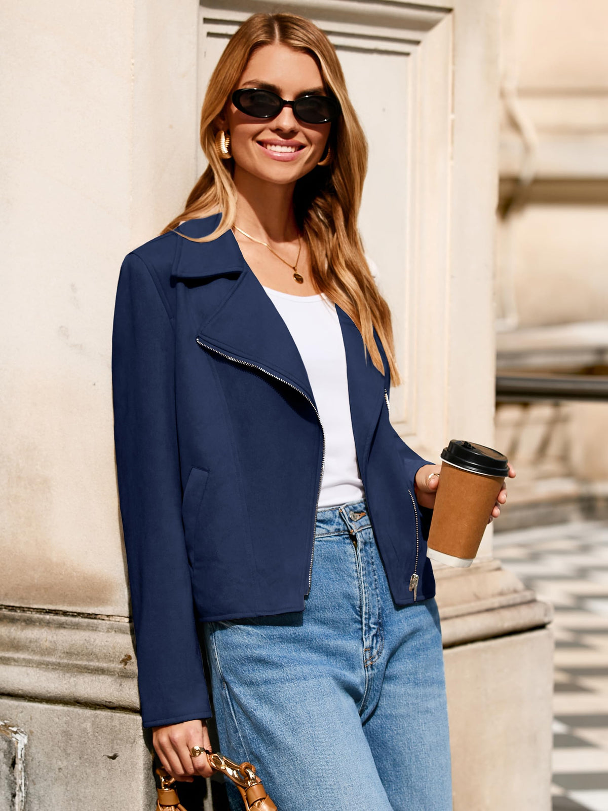 Glamaker Womens Faux Suede Jackets Long Sleeve Casual Cropped Zipper Biker Moto Jacket Fall Winter Outfits(Navy Blue,Large)