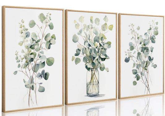 3 Pcs Botanical Canvas Wall Art Sage Green Eucalyptus Leaves Painting Picture Wall Decor Plant Watercolor Poster Print Artwork for Living Room Bedroom Bathroom Home Decoration Unframed