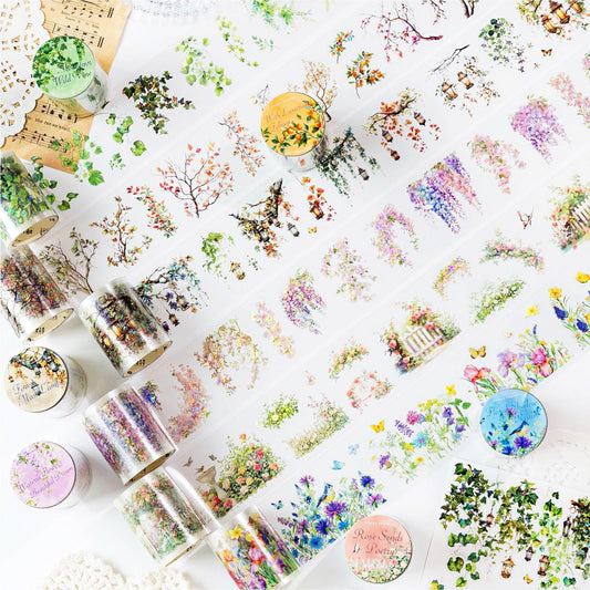 Funincloud PET Tape Stickers for Journaling 6 Rolls Pre-Cut Flower Washi Tape Stickers Decorative Tape for Crafts Scrapbooking Junk Journal Supplies, Flower Branch