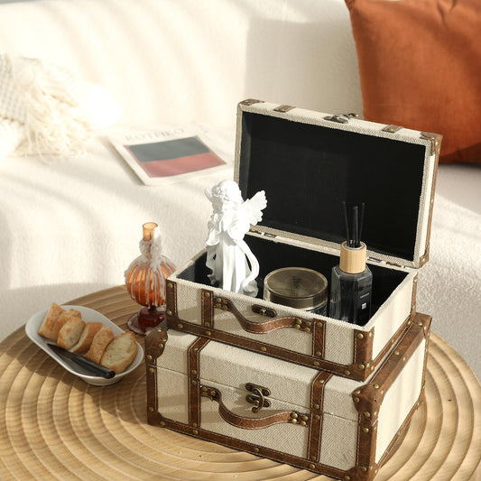DECOR4SEASON Vintage Linen Fabric Decorative Box Set of 2 - Antique-Style Keepsake Chests for Coffee Table Decor, Mementos, and Elegant Bookshelf Styling