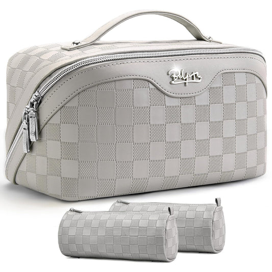 BOYATU Travel Makeup Bag Organizer: 3 Pcs Set Large Capacity Cosmetic Bags Holds 10–20 100ml Full-Size Bottles - 180°Open-Flat Make up Case 3-sec touch-up - Toiletry Bag Gift women (03-A-Gray)