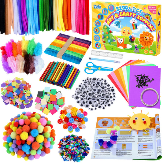 Zefy 3200+ Pcs Arts and Crafts Supplies for Kids, All in One Craft Kits with 12 Crafts Design, DIY School Supplies Kit Craft Box Easter Gifts for Girls Boys Ages 4-12