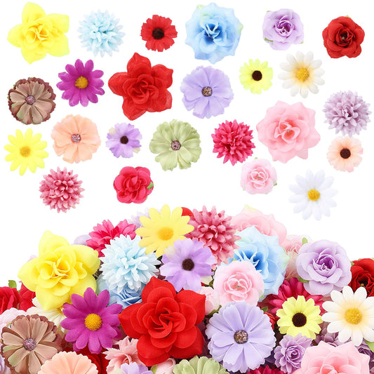 Mioxskrey Small Fake Flower Heads Mini Silk Flower Bulk Artificial Rose Daisy Hydrangea Faux Assorted Flowers Multicolor 3D Loose Fabric Flowers for Crafts Wedding Party DIY Cake Home Decorations