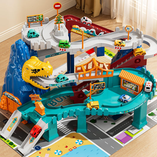 NIPLOOOW Dinosaur Race Track Playset for Boys Kids 3-5, Dinosaur Climbing Hills Car Track Play Set with 10 Mini Racer Cars, Kids Car Ramp Track Toys for 3 4 5 6 7 8 Year Old Boys Girls