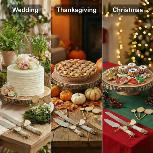 Relaxing Garden Customizable 12 Inch Rustic Wood Cake Stand Set with Bark Edge, Cake Knife & Server + Blank Wood Slice Topper — Cake Display for Weddings, Birthdays, Showers & Holiday Celebrations