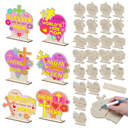 CroBlissful 24 Sets Mother's Day Crafts Bulk DIY Coloring Mother's Day Table Wood Signs Religious Blessed Mom Gifts Home Party Dinner Table Decoration