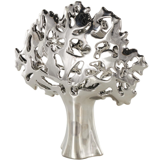 Deco 79 Ceramic Tree Decorative Sculpture Glossy Home Decor Statue with Abstract Cutouts, Accent Figurine 15" x 5" x 16", Silver
