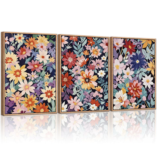 HLNIUC Boho Floral Framed Canvas Wall Art,Colorful Wildflower Landscape Wall Decor Set of 3(16”x24”)Rustic Bohemian Style Flower Art Print,Modern Botanical Floral Wall Painting for Living Room Bedroom