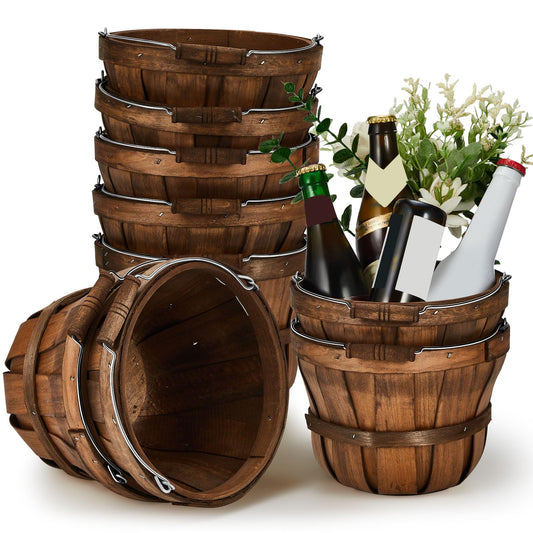 Marsui 10 Pcs Round Wooden Berry Baskets Small Bushel with Handles for Gifts Empty Basket Fruit Buckets for Picking Strawberry Fruits Flowers Crafts Home Wedding (Dark Brown)