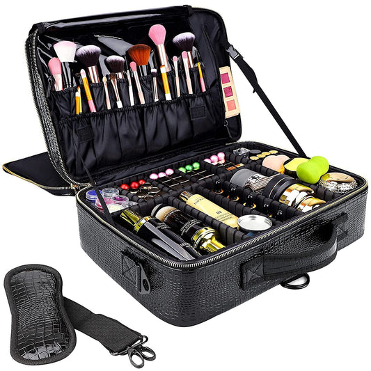 gzcz Large Capacity Travel Makeup Case Organizer,Professional Cosmetic Bags for Women,Waterproof PU Leather Makeup Bag with Adjustable Dividers and Shoulder Strap for Brushes and Jewelry