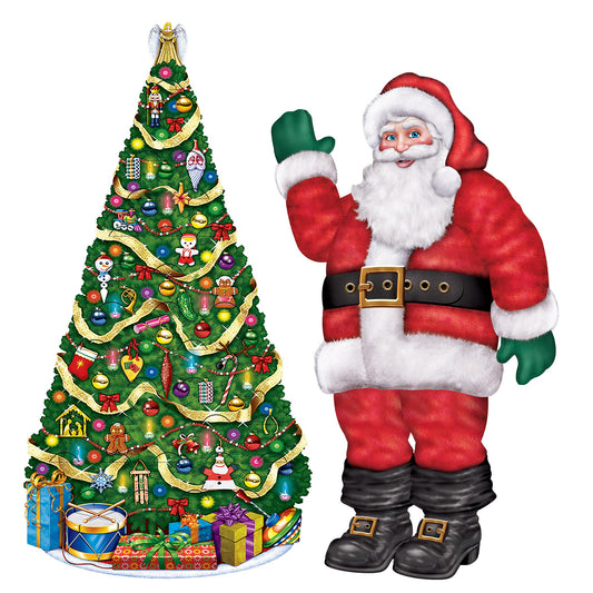 Beistle Christmas Jointed Decoration Bundle – Santa Claus Cutout and Christmas Tree with Greeting Card Holders, Large Holiday Props and Wall Decorations for Home, Office, Parties, and Seasonal Events