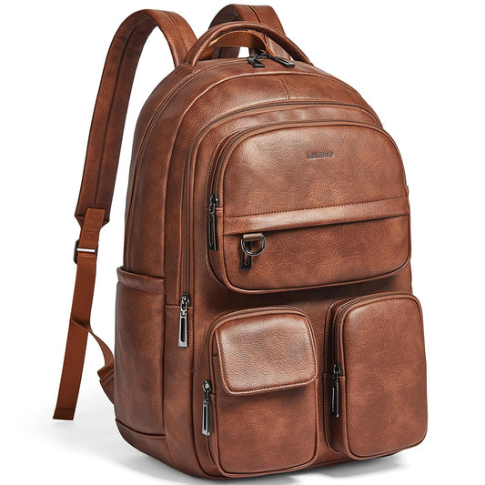 LATMAP Vegan Leather Backpack Purse for Women Men 17 Inch Laptop Backpack for Travel Multipurpose Design Ladies Work College Handbag Shoulder Bag - Brown