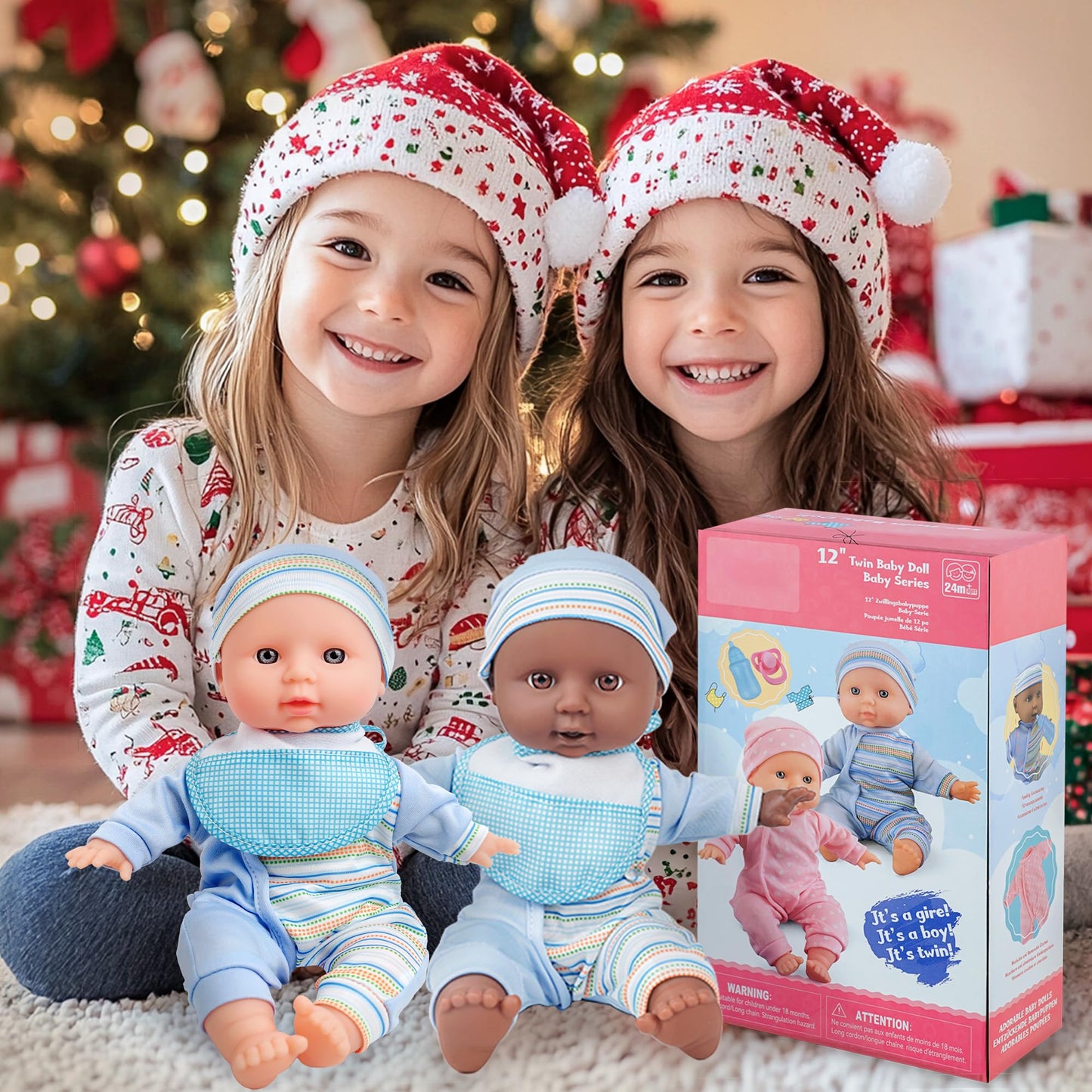 Toy Choi's Twin Baby Dolls - 12 inch Two Soft Body Black and White Doll with Accessoires, Dolls Play Set for 2 3 4 5 Year Old Boys and Girls Gift | Blue Outfit Doll Set