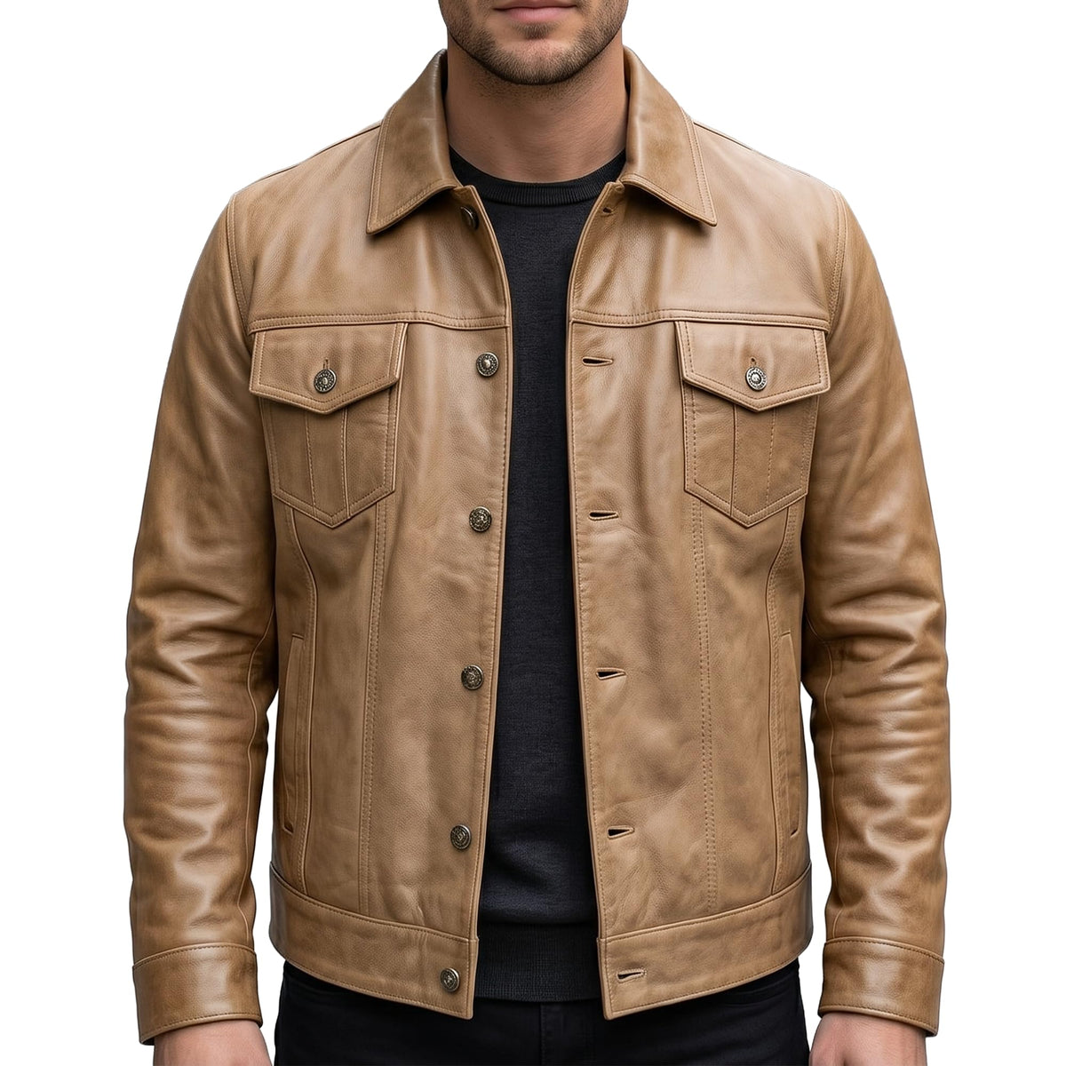 UrbanFocal Brown Leather Jacket Men - Real Lambskin Trucker Style Vintage Leather Jackets | [101002105] F.Trucker Camel, XL