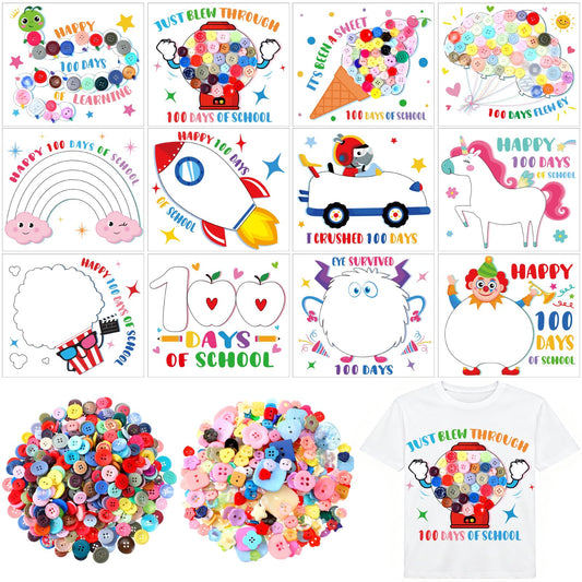 Suncalla 12 Sets DIY 100th Day of School Iron on Decals Craft Kit with Patches Buttons Machine Ice Cream Caterpillar T Shirt Dot Stickers for DIY Art School Party Activity Creative Supplies